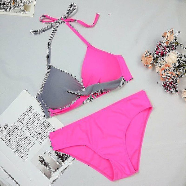 Färgblockerad Bikiniuppsättning för Kvinnor, Vadderad Push-Up Baddräkt, Halterhals Baddräkt Light Grey Rose Red M