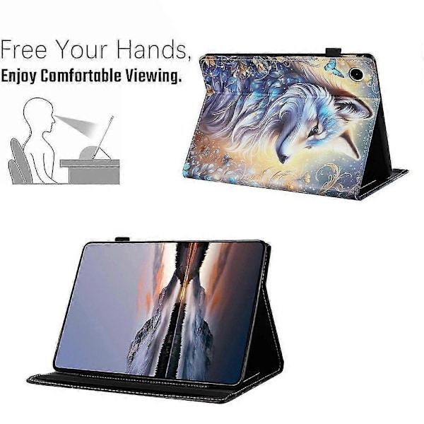 Samsung Galaxy Tab A9 -kotelolle kuvioitu nahkainen tablettisuojus automaattisella lepo-/herätystoiminnolla ja korttipidikkeellä White Wolf