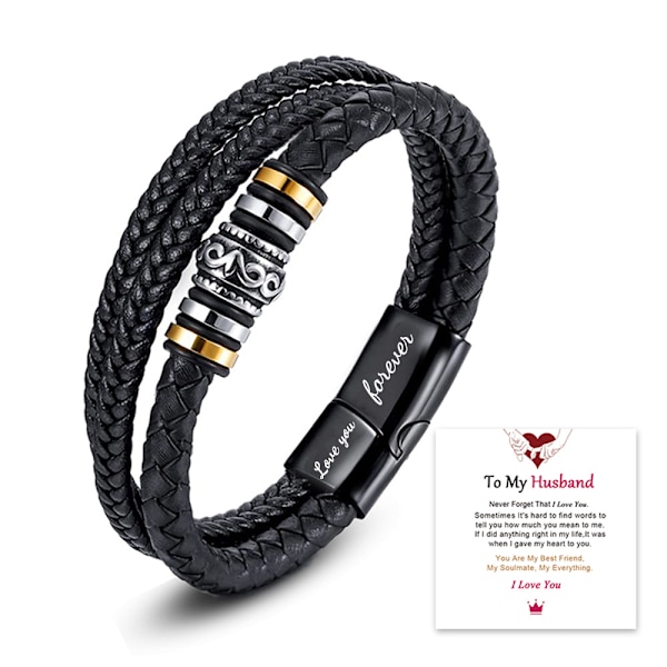 Trelagers svart läderarmband Jag älskar dig Graverat rostfritt stål läderarmband Älskar dig för alltid + make-kort 3