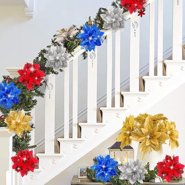 Pakke med 10 glitrende dekorative juleblomster, juletrpynt