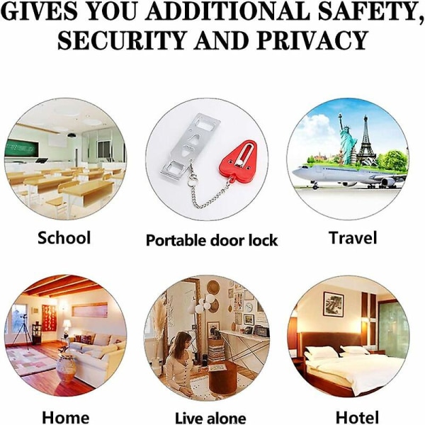 Bærbar dørlåssikkerhet, brukes til hjemmesikkerhet, reisedørlås, essensiell lås for sovesal, rød