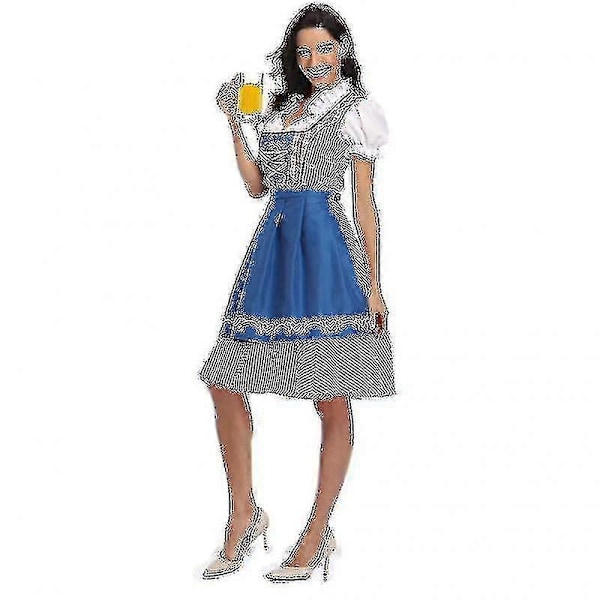 Høj kvalitet traditionel tysk ternet Dirndl kjole Oktoberfest kostume outfit til voksne kvinder Halloween fancy fest Style2 Blue L