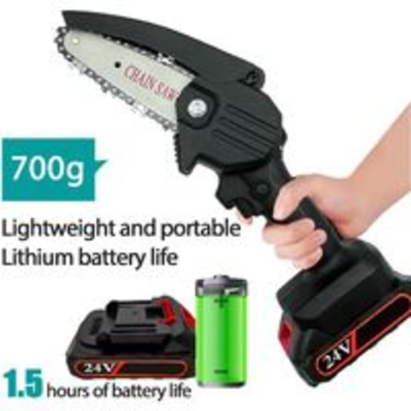 Batteridriven minimotorsåg med 1 batteri och 2 kedjor, 4 tum, bärbar uppladdningsbar motorsåg för att kapa trädgårdsgrenar, kedjans tjocklek 4 mm