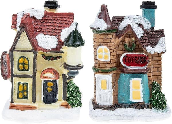 (NY) Miniatyr Selvlysende Juleby Sæt - 2-delt Sneklædt Husdekoration til Festlige Udstillinger