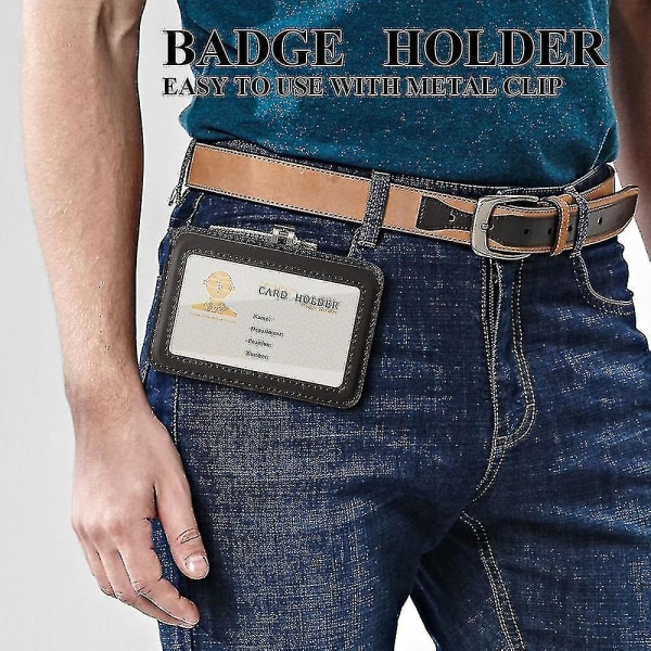 Kortholder / badgeholder / bærbar tegnebog med metalclips, læder-id-kortholder til kontor Black horizontal section