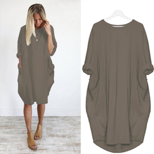 Afslappet løs lomme langærmet plus size kjole til kvinder Khaki 4XL