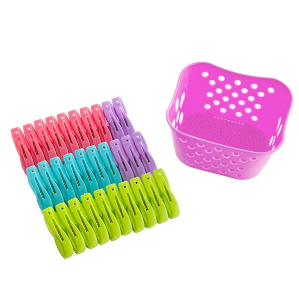 30 stk. Tøjsklemmer + Plastikkurv Tørretøjsklemmer Strømper Bukser Skjorte Klemmer Purple