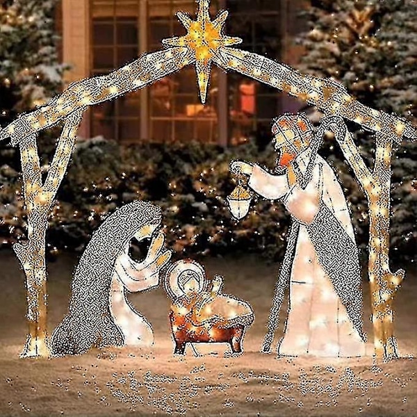 Opplyst Utendørs Julekrybbe, Julehellig Familie Hagedekorasjon, Julekrybber For Utendørs Jul, Opplyste Påskepynt