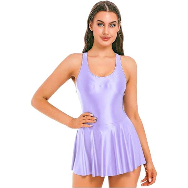 Dam Leotard Mini Klänning Sommar Baddräkt Kvinnlig Ärmlös Glansig Tank Klänning Strand Sundress Femme Fest Clubwear L Light Purple