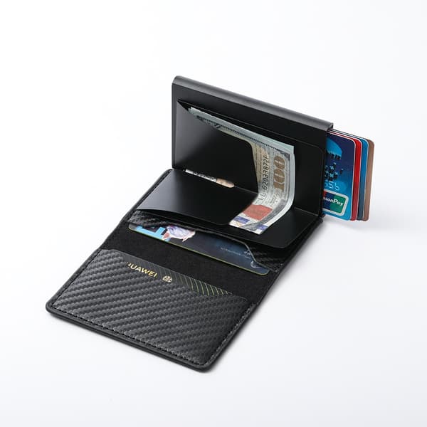 (NY) Kulfiber pop-up kortholder med RFID-beskyttelse, PU-materiale, sort
