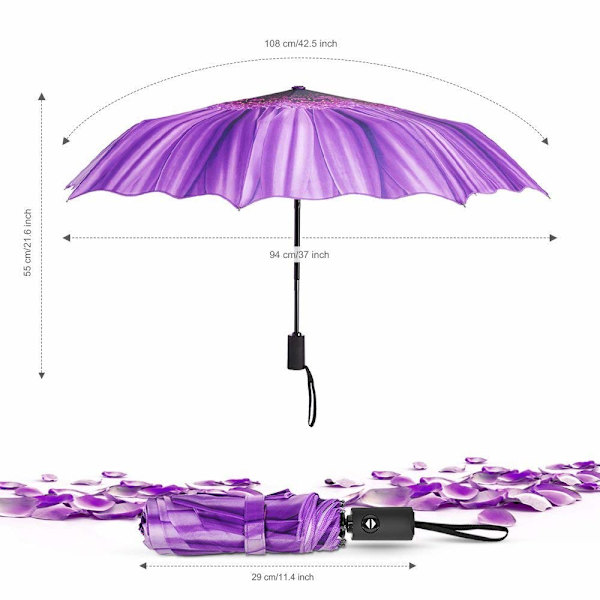 Foldbar paraply, automatisk åbning og lukning, stormresistent, kompakt, let rejseparaply til mænd og kvinder, lilla Daisy print