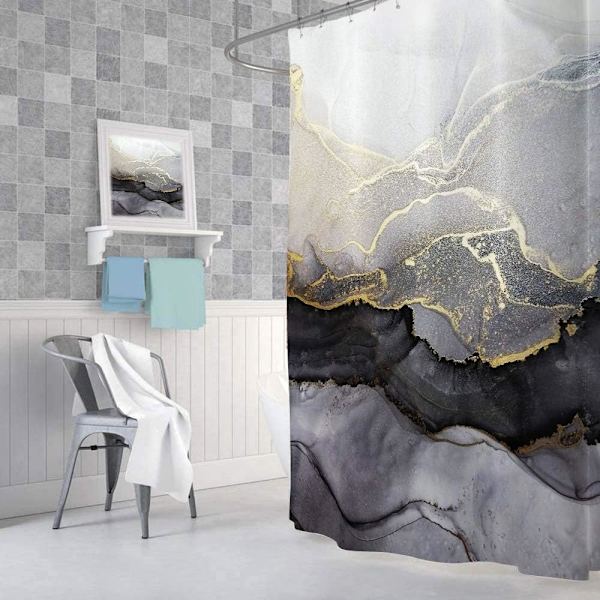 Marmorkåpa för dusch, abstrakt modern svart och guld tyg duschdraperi set, cool vila