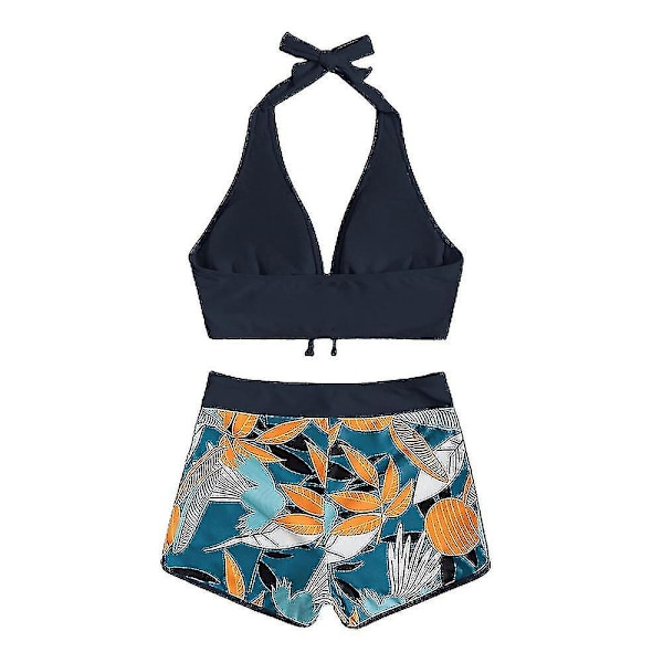 Dambikini med Halterneck Push Up BH, Baddräkt med Shorts, Tvådelad Baddräkt, Sommarstrandkläder, Badkläder Black S