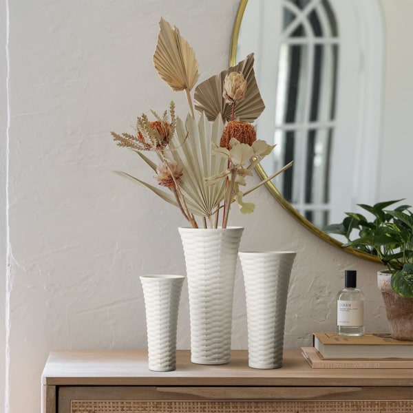 Hvit keramisk blomstervasesett med 3, dekorativt pynt vasebrønn for støtteplanter Hjemmekontor Soveromdekorasjon Ideell gave og samling