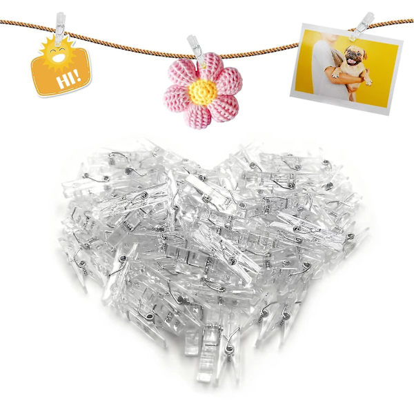 100 st Mini Clear Pegs Tiny Little Photo Clips 35mm Transparent Plast Fjäderklämmor För Att Hänga Foton Kort Papperskonst Hantverk Bild Bröllop Partie
