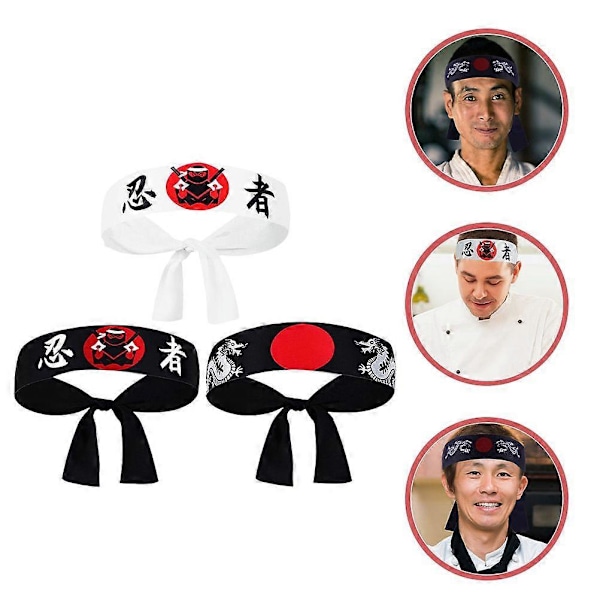 3 stk. Japansk Sushi Kokk Hachimaki Karate Pannebånd for Matlaging, Sport og Kostyme Drage Tradisjonell Japansk Kjøkkenhodeplagg