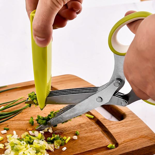 Urtesaks i rustfrit stål, køkkensaks Multifunktionelle saks med 5 blade, til at klippe urter, med låg og rengøringskam