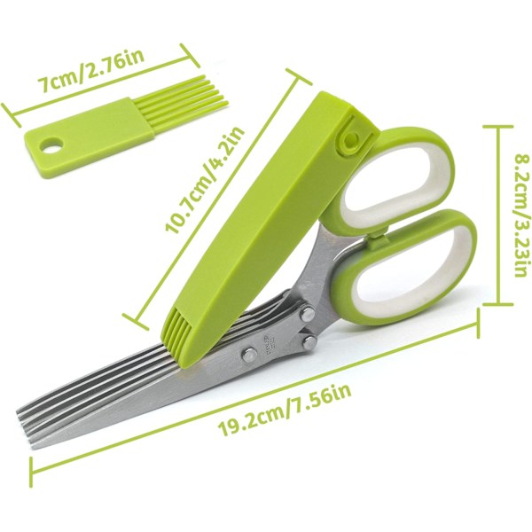 Urtesaks i rustfrit stål, køkkensaks Multifunktionelle saks med 5 blade, til at klippe urter, med låg og rengøringskam