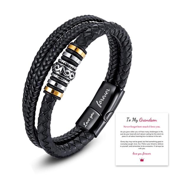 Trelagers svart läderarmband Jag älskar dig Graverat rostfritt stål läderarmband Älskar dig för alltid + barnbarnskort 2