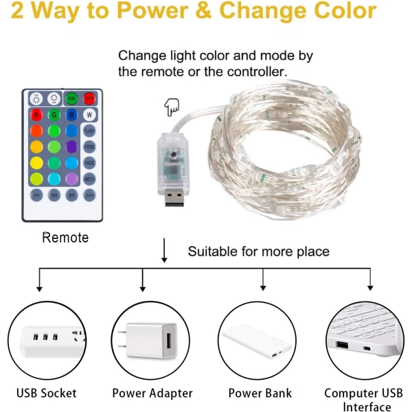 Fairy String Lights USB-drivna 16 Färgväxlande Strängljus 10m 100 LED Vattentäta Blinkande Ljus