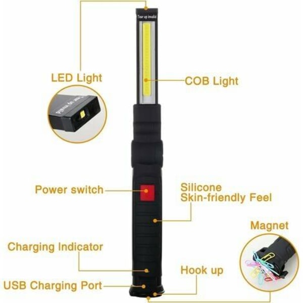 x Genopladelig Led Cob Arbejdslys Lampe Workshop Cob Lommelygte Led Arbejdslys Lampe med Magnetisk Base Inspektionslampe til Vandreture, Camping