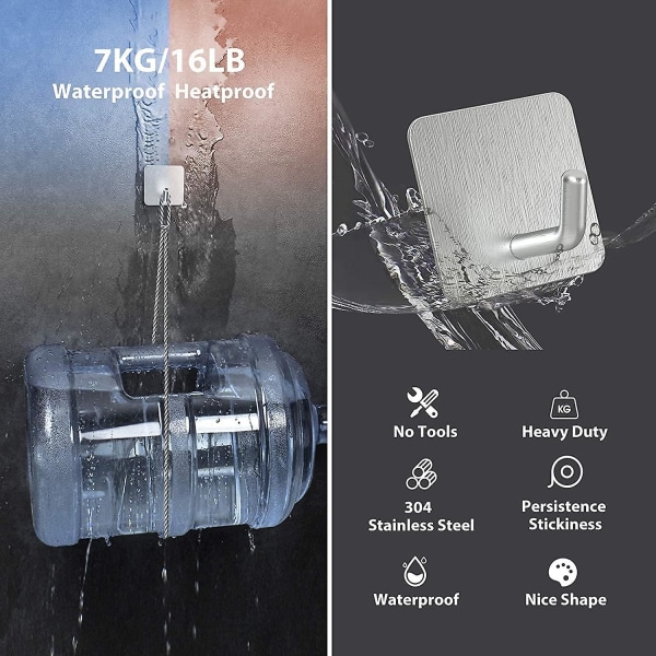 Stærke Selvklæbende Kroge, Væghængere, Robust Rustfrit Stål Holder, Selvklæbende Kroge til Køkken, Badeværelse, Hjemmedør, Håndklæde, Frakke Silver