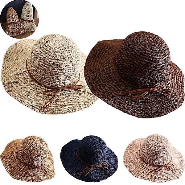 Kvinnors stora solhatt med bred brätte i halm, floppy, strandhatt, hopfällbar, sommar, rosett Beige