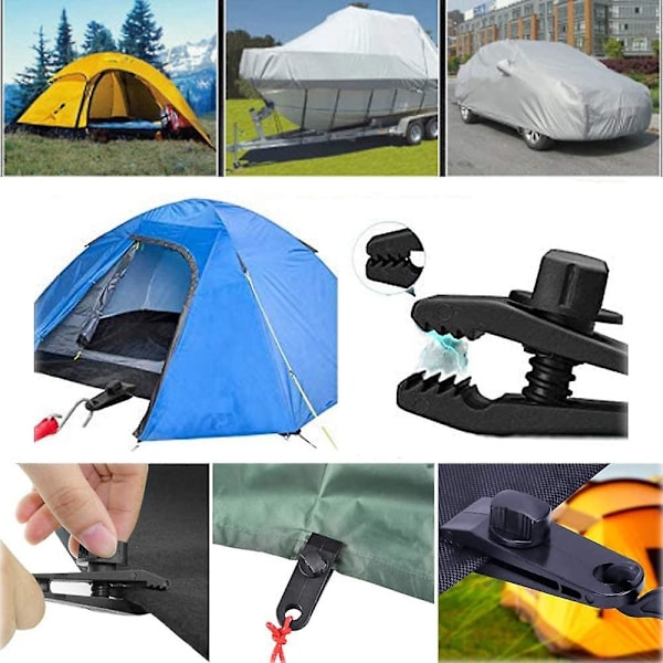 10-pack stängningsklämmor för gardiner, presenningar, klämmor för fastsättning av presenningar, för tält, camping, sol, vindskydd, tillbehör (svart)