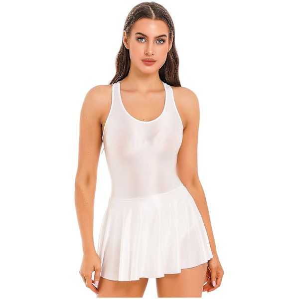 Dam Leotard Mini Klänning Sommar Baddräkt Kvinnlig Ärmlös Glansig Tank Klänning Strand Sundress Femme Fest Clubwear L Coffee