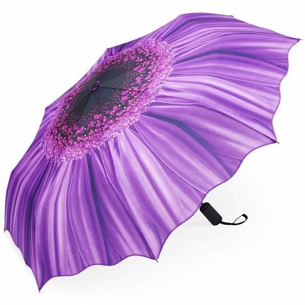 Foldbar paraply, automatisk åbning og lukning, stormresistent, kompakt, let rejseparaply til mænd og kvinder, lilla Daisy print
