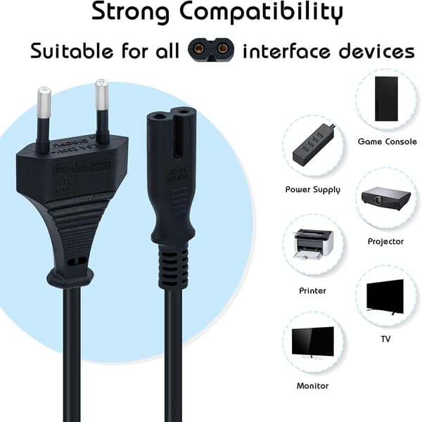 1,5M (4,9FT) EU Stik C7 Strømkabel Bipolært 2 Kabel til PS5 / PS4 / PS3 / Xbox Series X / S - Sort