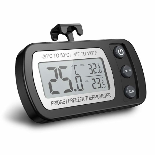 Digitalt kjøleskapstermometer, vanntett frysetermometer med krok, lettlest LCD-skjerm, maks/min opptaksfunksjon (svart)