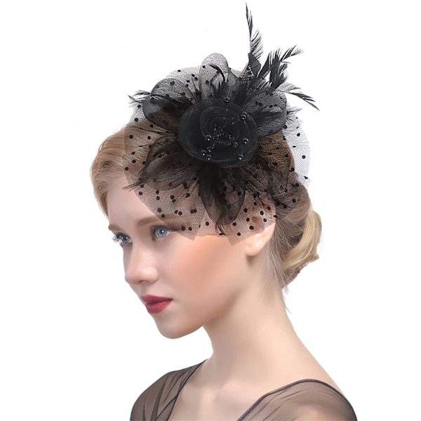 Fascinatorhatt för kvinnor Svart fjäder Mesh Te Party Hårband