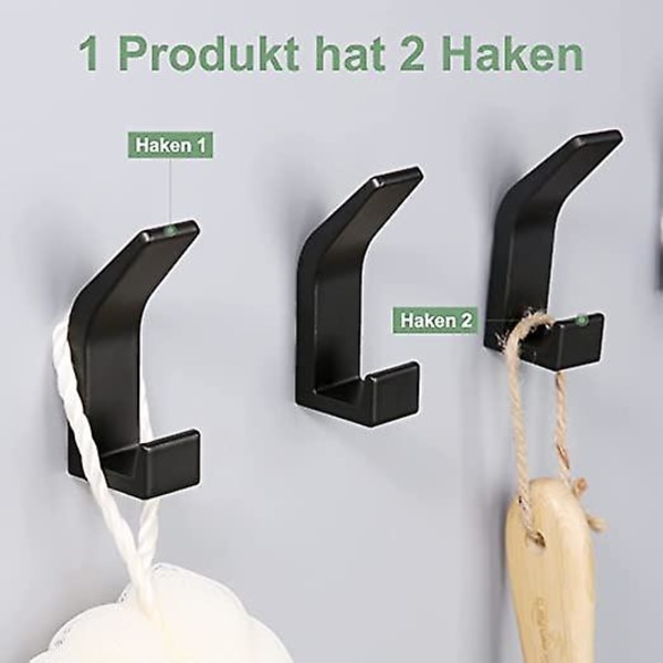 6 stk. Selvklæbende Kroge, Dobbelt Badeværelses Håndklæde Krog, Selvklæbende Vægmontering til Køkken, Badeværelse, Kontor, Skab, Aluminium, Sort