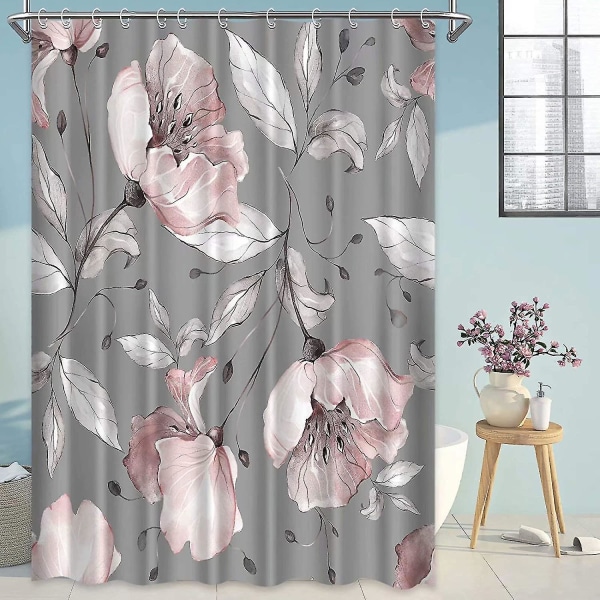Pink Grå Rose Blomster Bruseforhæng Sæt - Blomsterdesign, Blå Baggrund, Stof Vandtæt Og Vaskbar Grey 72*78