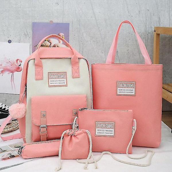 4 st set canvas skolväskor för tonårsflickor ryggsäck kvinnor laptop ryggsäck skolväskor för pojkar resebagpack Mochila Escolar 5pcs pink-tassel