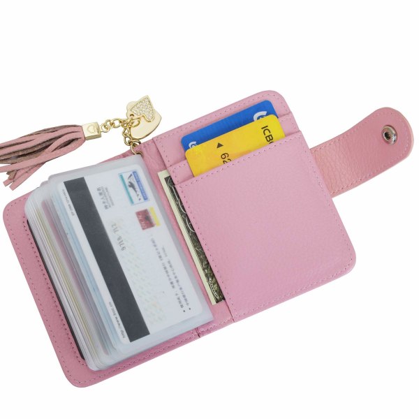 Kreditt- og visittkortveske i ekte skinn med 21 rom, kortveske, sjekkekortveske, kortveske, kredittkortveske for menn og kvinner (rosa)