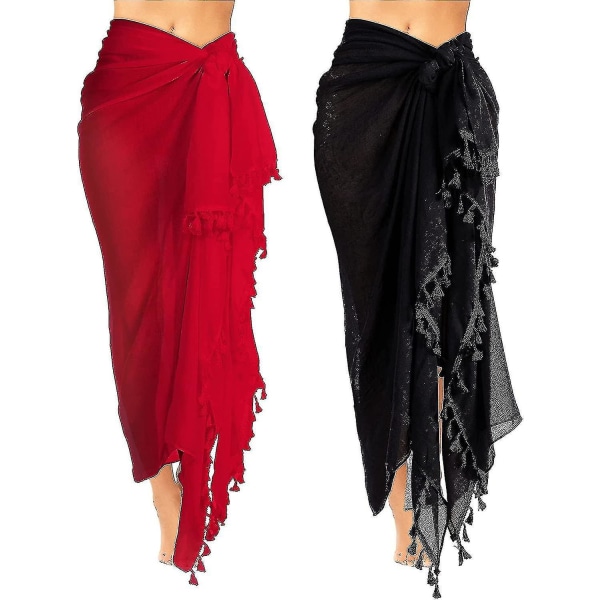2 kpl Naisten Beach Batik Pitkä Sarong-uimapuku Cover Up Wrap Pareo Tupsulla Naisten tytöille (musta, punainen X-suuri)