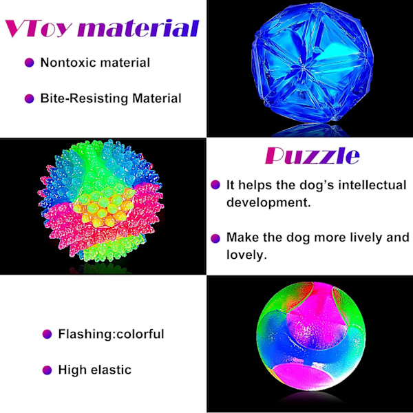 3 stk. Piggete Lysende Ball Multi-farget Elastisk Blinkende Ball LED Glødende Interaktiv Hund Kvitrende Piggete Interaktivt Leke
