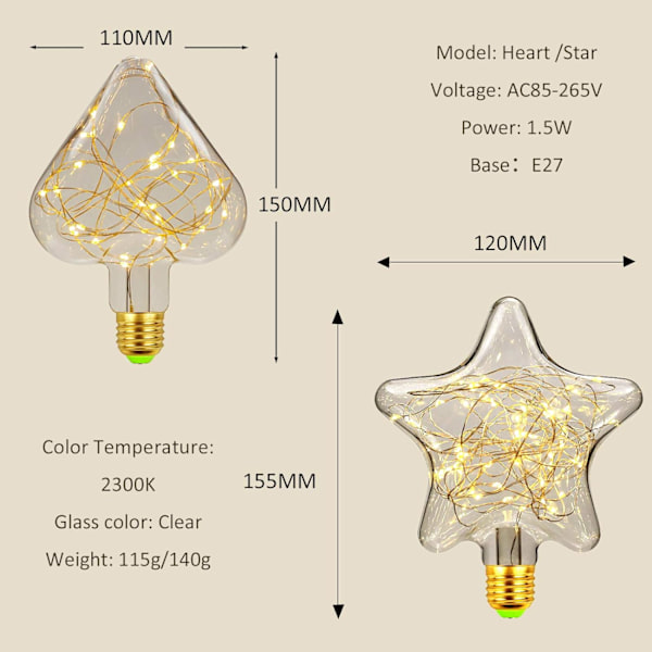 LED E27 Deko Kreativ Fe-Pære 1.5W Varmt Hvid Edison Pære Dekorativ Stjerne & Hjerte Belysning til Jul, Fest, Bryllup