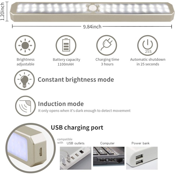 LED Under Cabinet Lysstang, Bevægelsessensor Skablys USB Genopladelige Under Counter Lys Magnetiske Køkkenlys