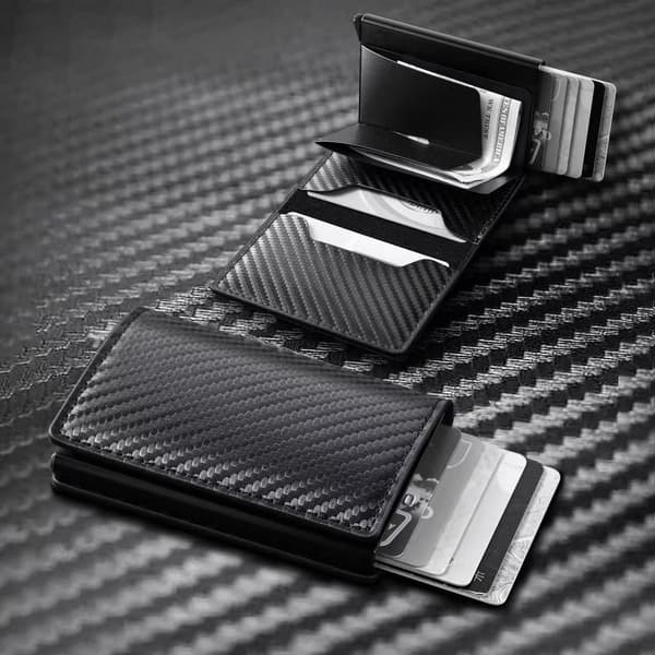 (NY) Karbonfiber pop-up kortholder med RFID-beskyttelse, PU-materiale, svart