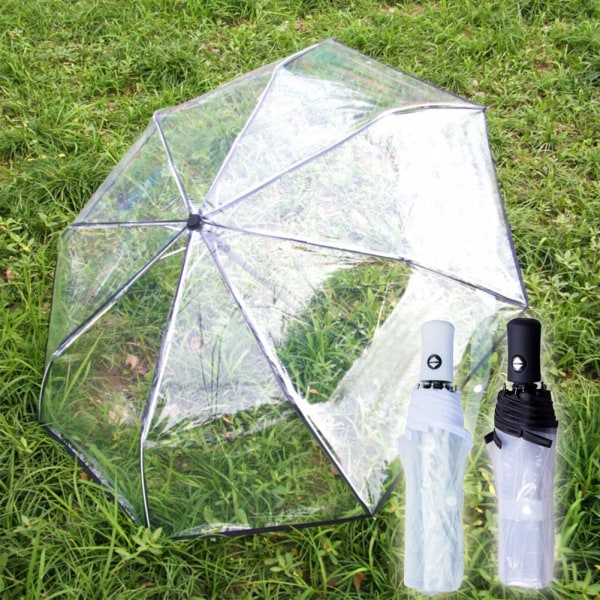 Sammenleggbar klar paraply automatisk åpne og lukke, klar paraply, lett paraply med 8 ribber, vindtett reiseparaply for kvinner og jenter (hvit)