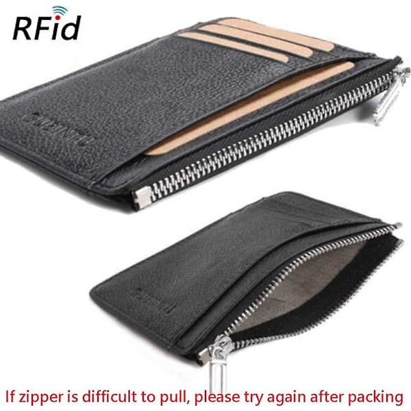 Plånbok för kreditkort, RFID-blockering Äkta läder Blixtlås Klämma Anti-stöld Slank fickplånbok för män och kvinnor