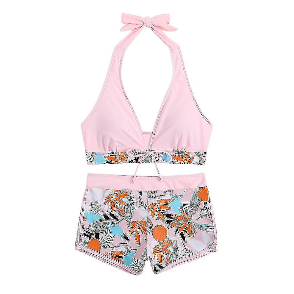 Dambikini med Halterneck Push Up BH, Baddräkt med Shorts, Tvådelad Baddräkt, Sommarstrandkläder, Badkläder Light Pink XL