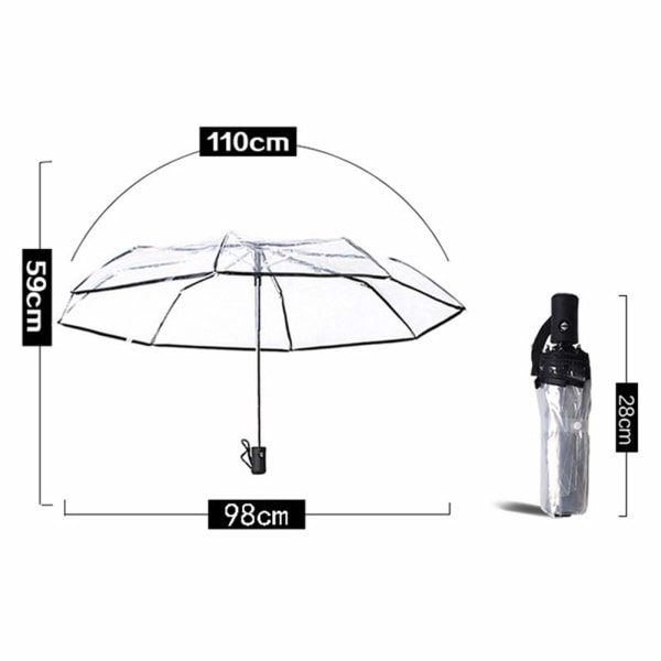 Sammenleggbar klar paraply automatisk åpne og lukke, klar paraply, lett paraply med 8 ribber, vindtett reiseparaply for kvinner og jenter (hvit)