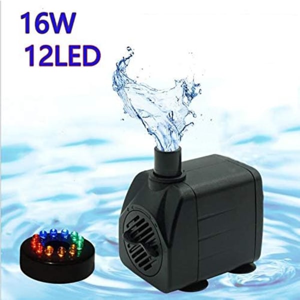 800L/H elektrisk vattenpump, dränkbar vattenpump med 12 färger LED-ljus, 16W tyst liten vattenpump för fontän