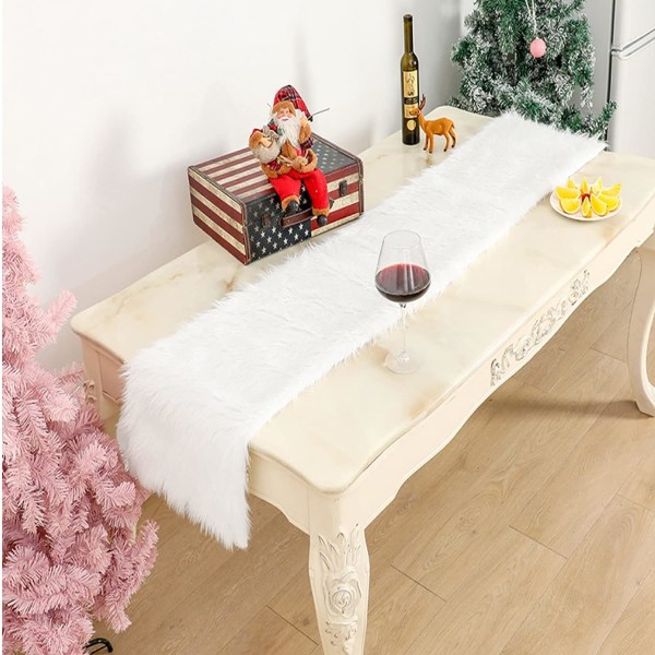 Modern bordslöpare gjord av fuskpäls för jul vit (37x183 cm)