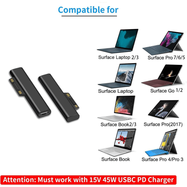 Bærbar overflate Koble til USB Type C-adapter for Surface Pro 7 6 5th Gen 4 3 Laptop 15V PD Lading