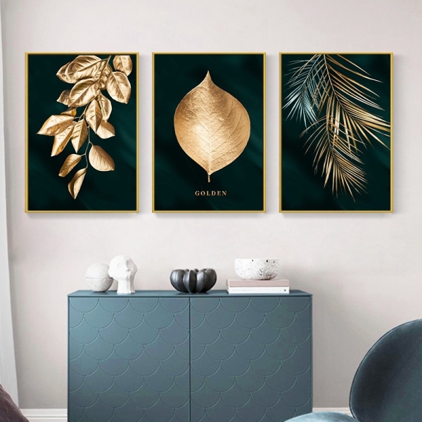 3 stk. Væghængt Dekoration Stue Soveværelse Moderne Væghængt Kunst Gavebillede Guld Blad Rammeløs 40*60cm